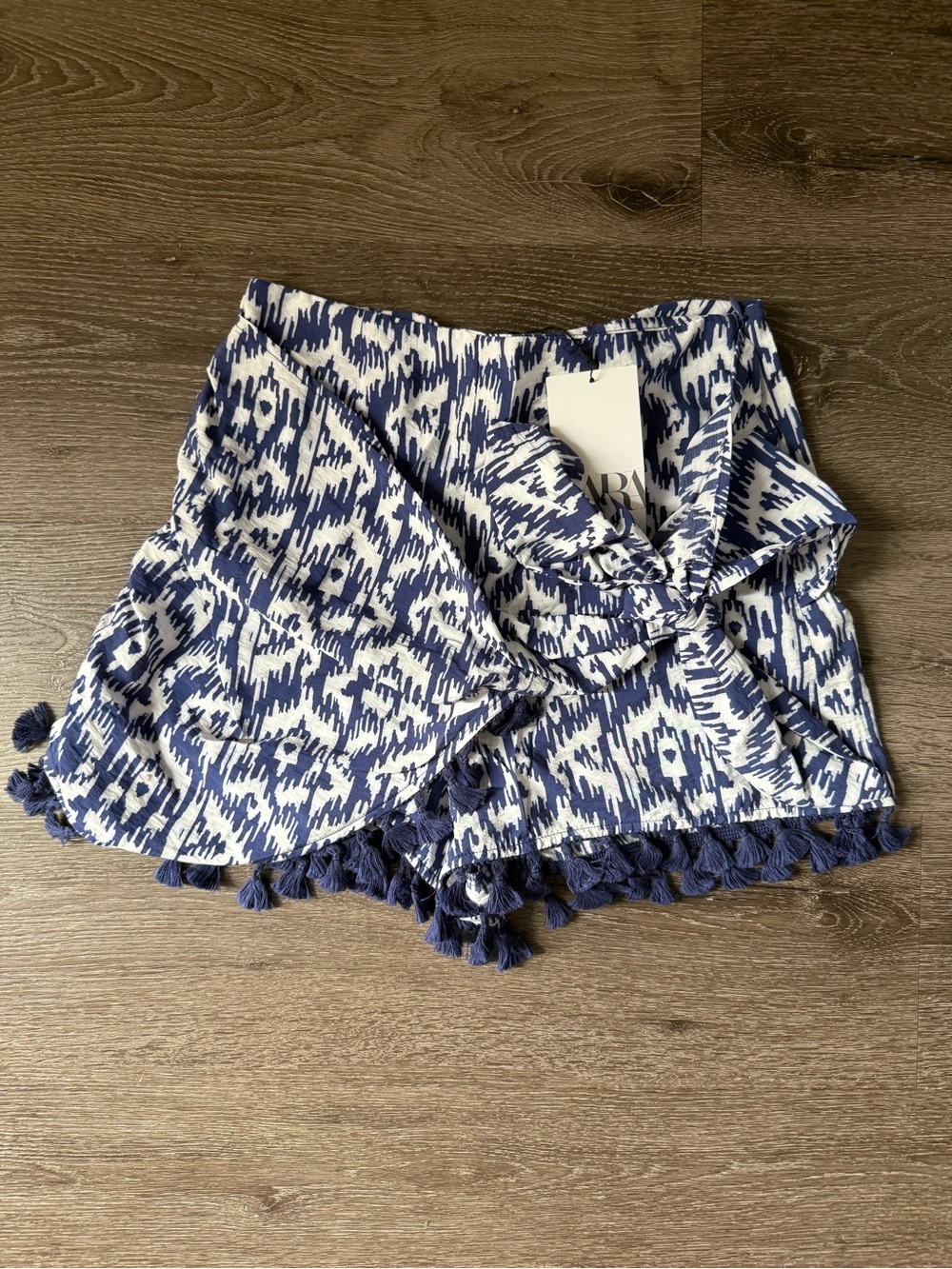 Zara Blue & White Ikat Tassel Skort